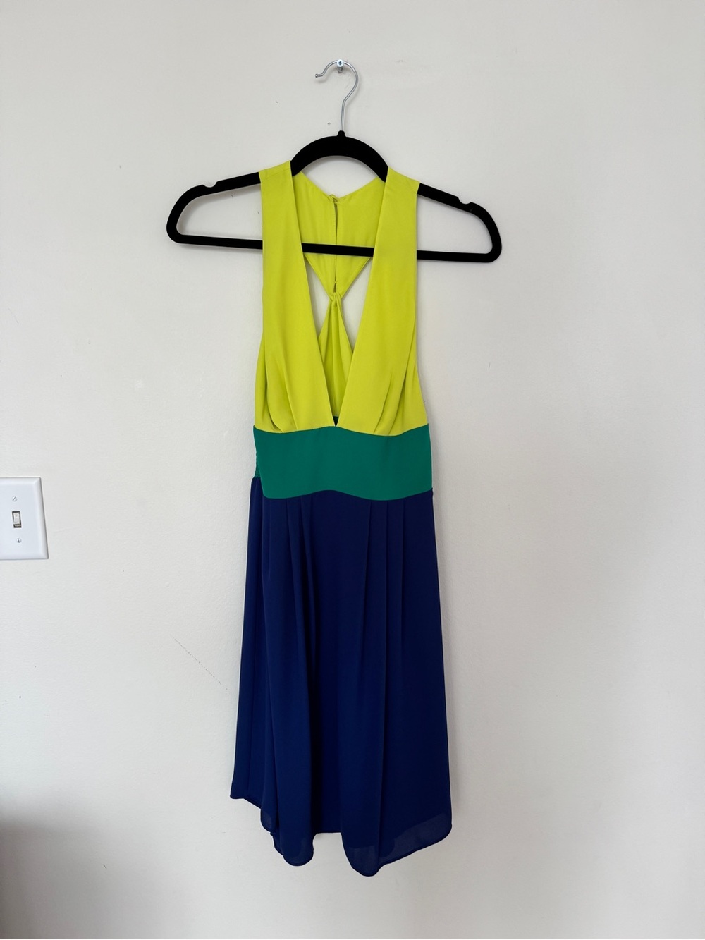 BCBGMaxAzria Neon Lime, Teal & Navy Colorblock V-Neck Mini Dress